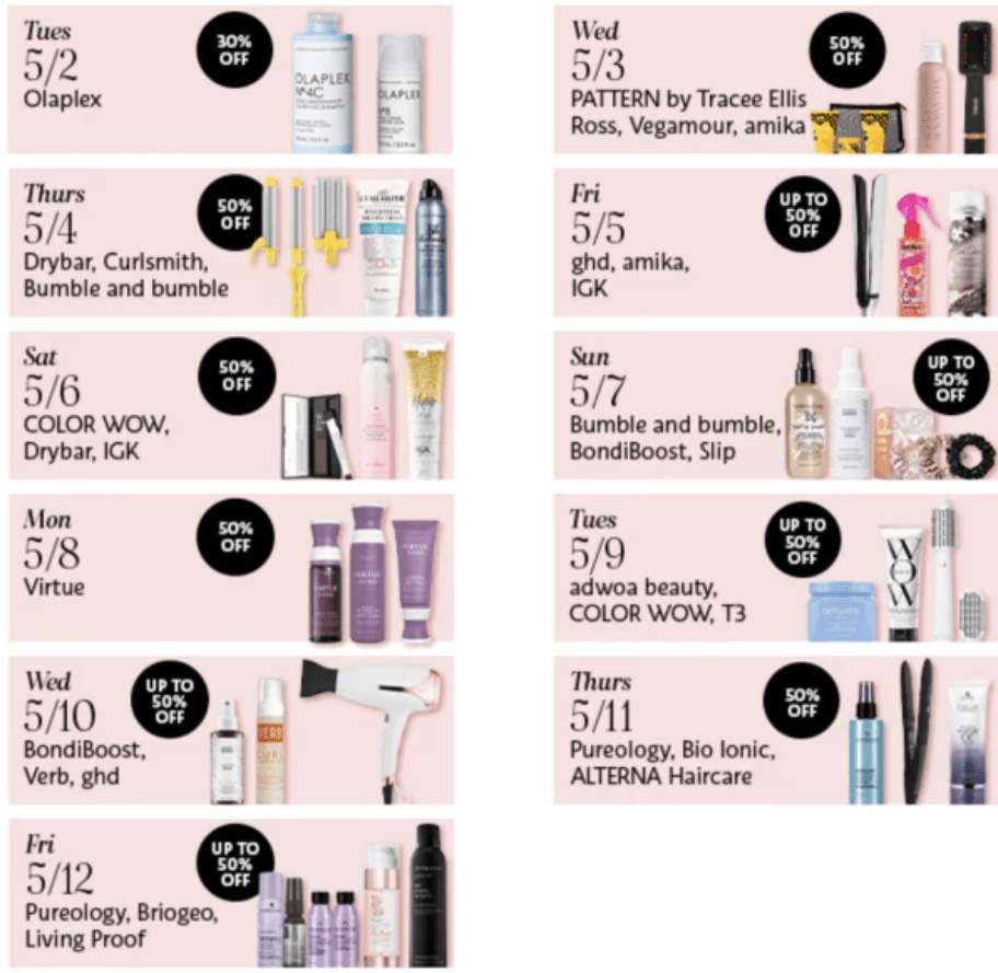 chart showing the products available during the sephora oh hair yeah! sale event